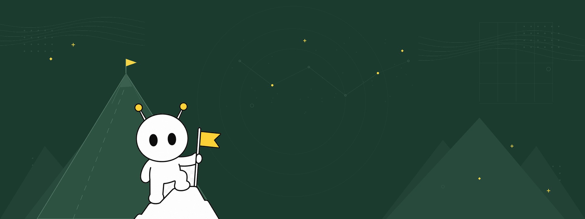 APEX STUDENT hero: LOLA planting a flag at the summit on the brand's dark-green mountain key visual