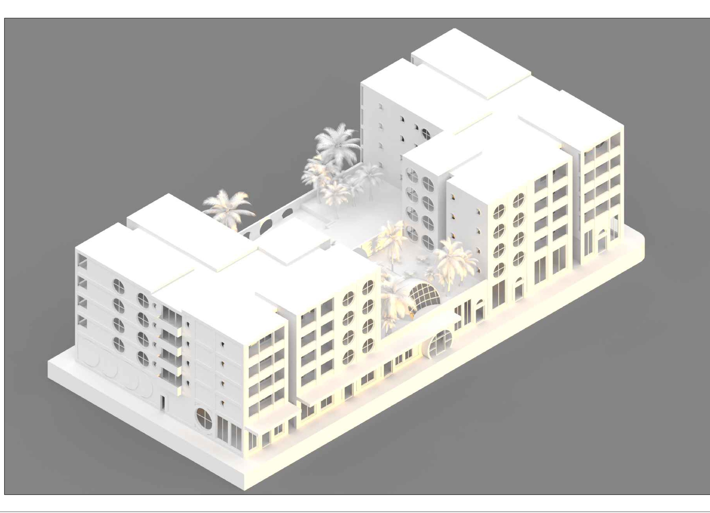 Mixed-use apartment building isometric render