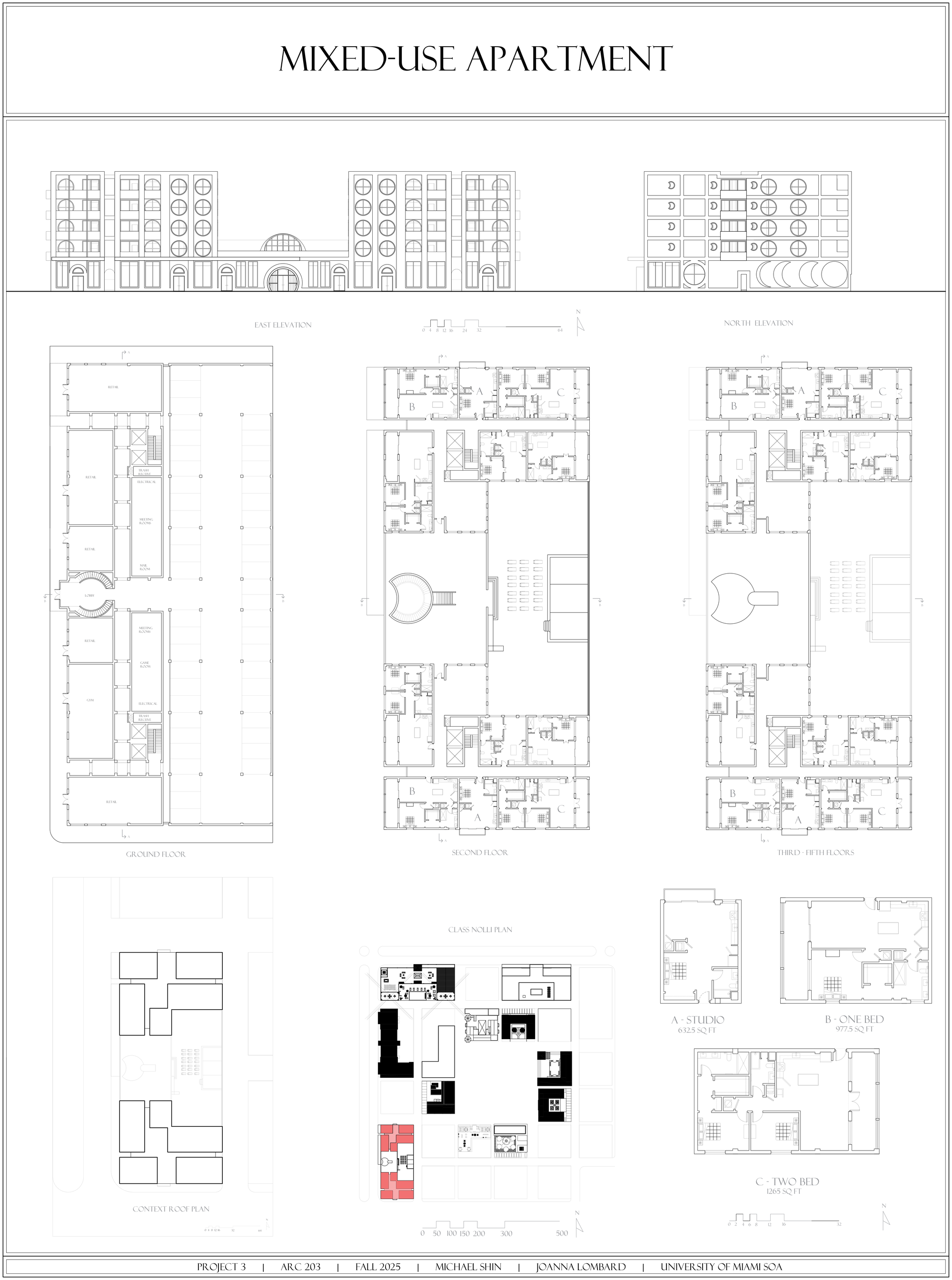 Mixed-use apartment plans and elevations sheet