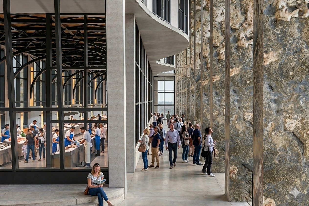 Public arcade concourse running alongside the glazed market hall