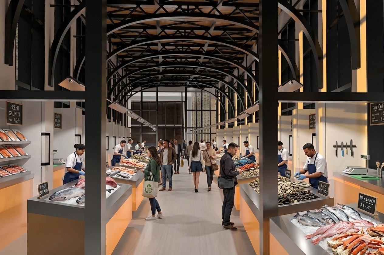 Market floor with fishmongers' stalls under the vaulted truss ceiling