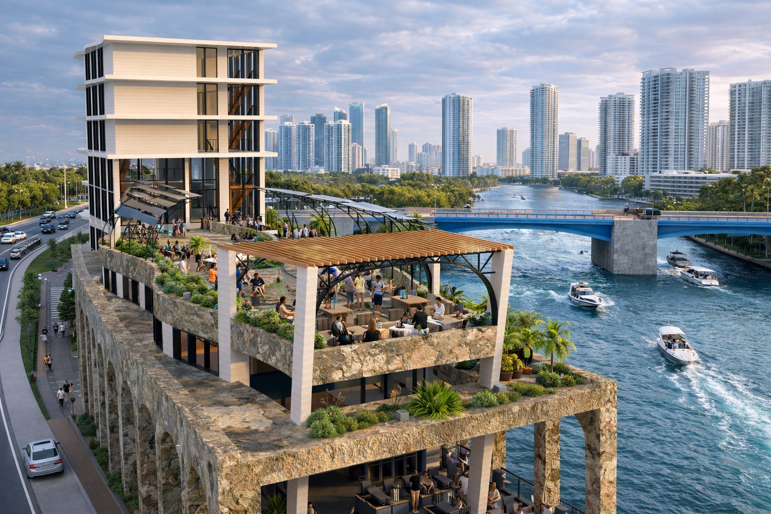 Rooftop dining terrace overlooking the Miami River