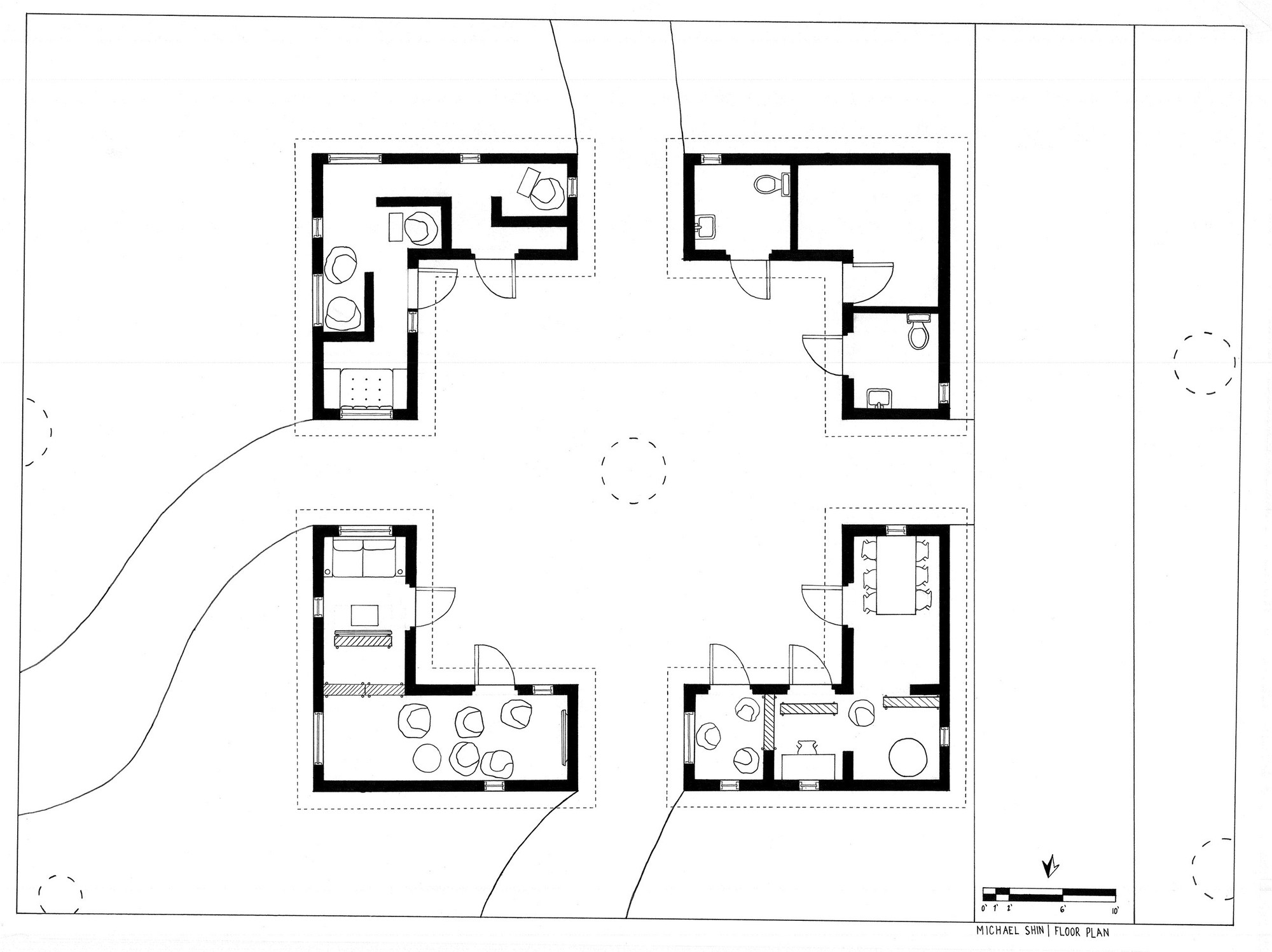 Meditation space floor plan: four pavilions around a central courtyard