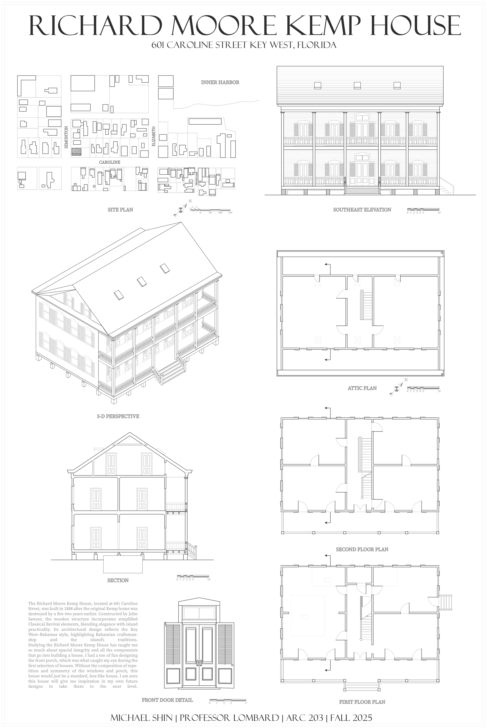 Richard Moore Kemp House site plan, elevations, plans, and section