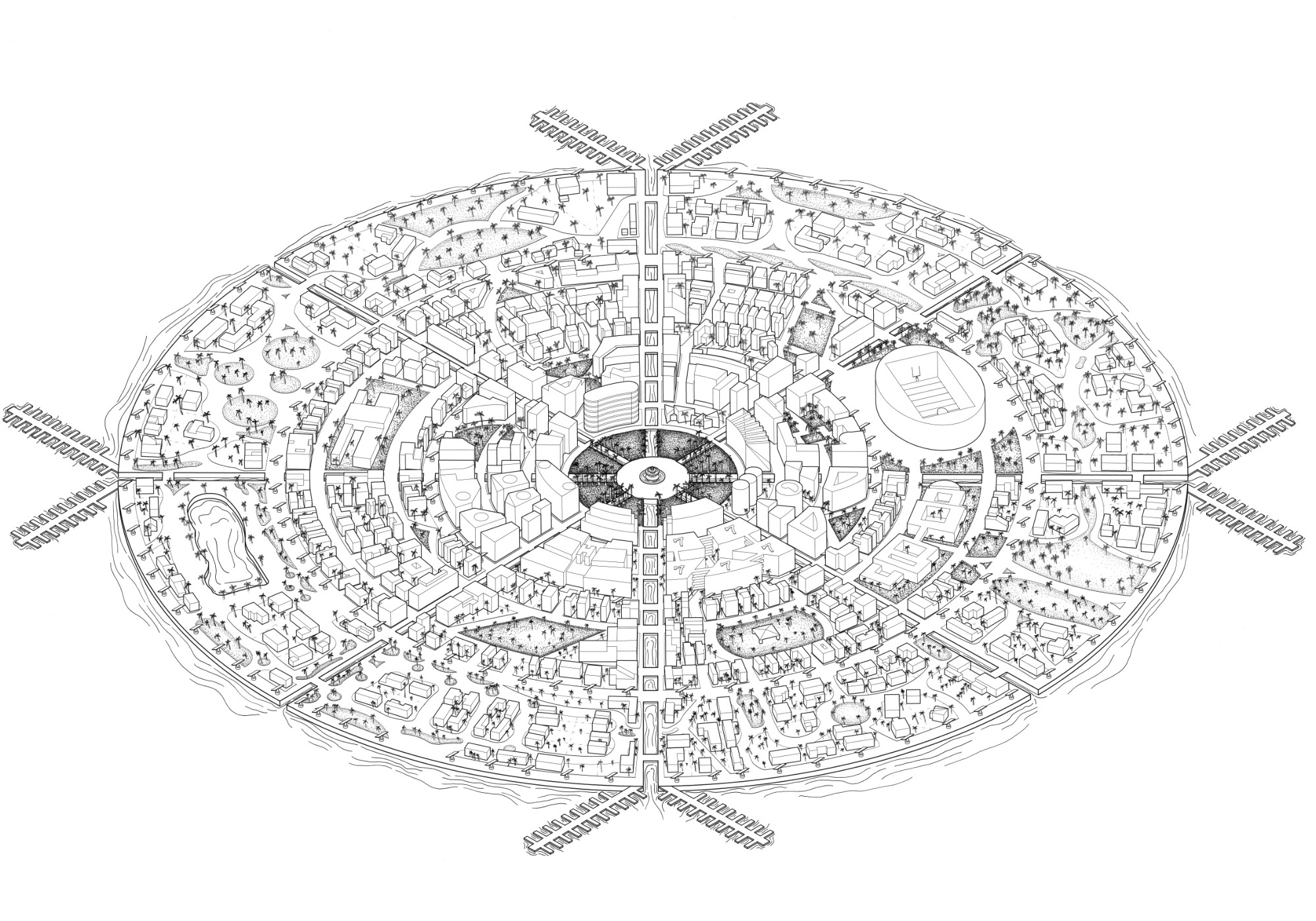 Section 7 isometric drawing of the whole city, ringed by canals