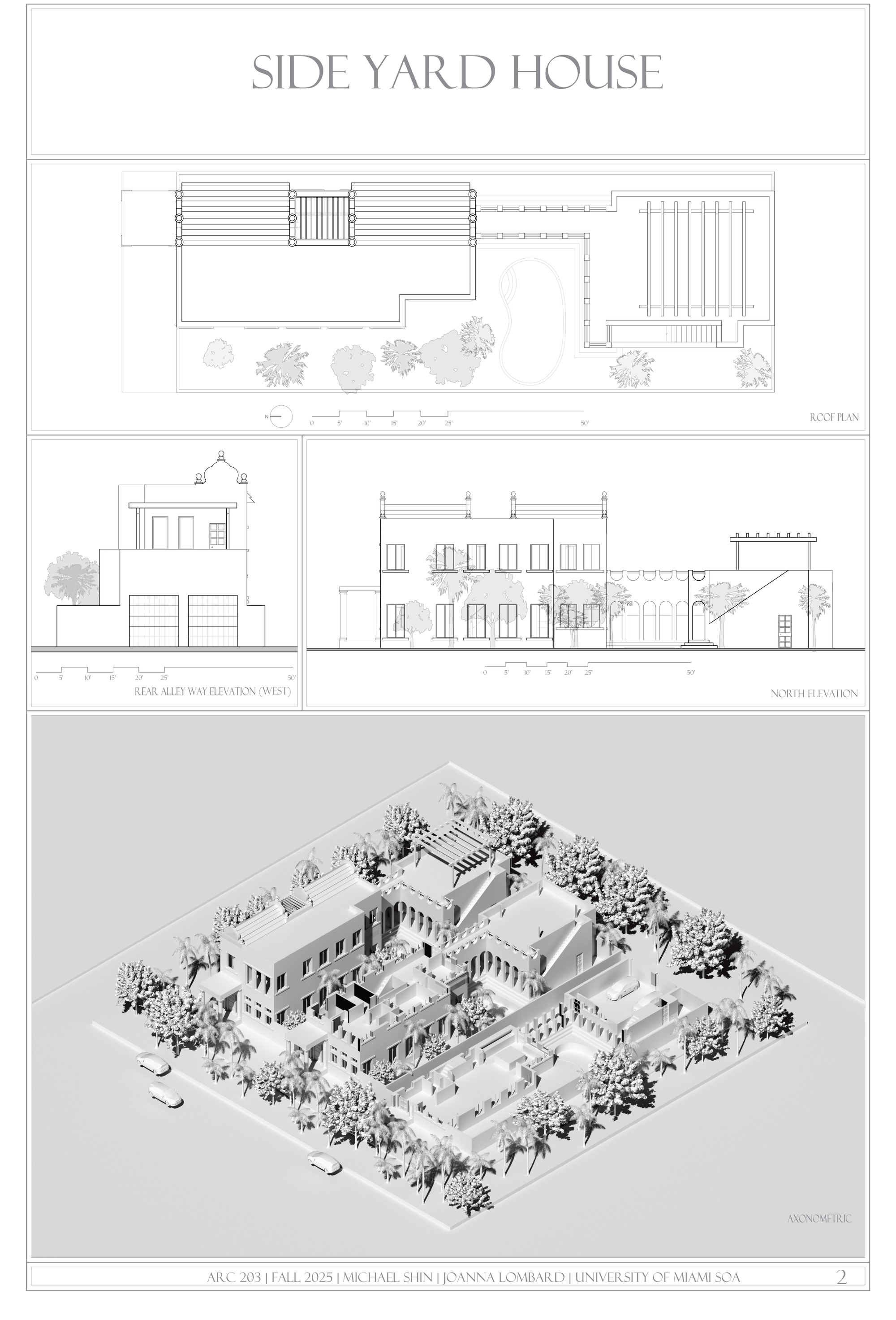 Side Yard House roof plan, elevations, and axonometric