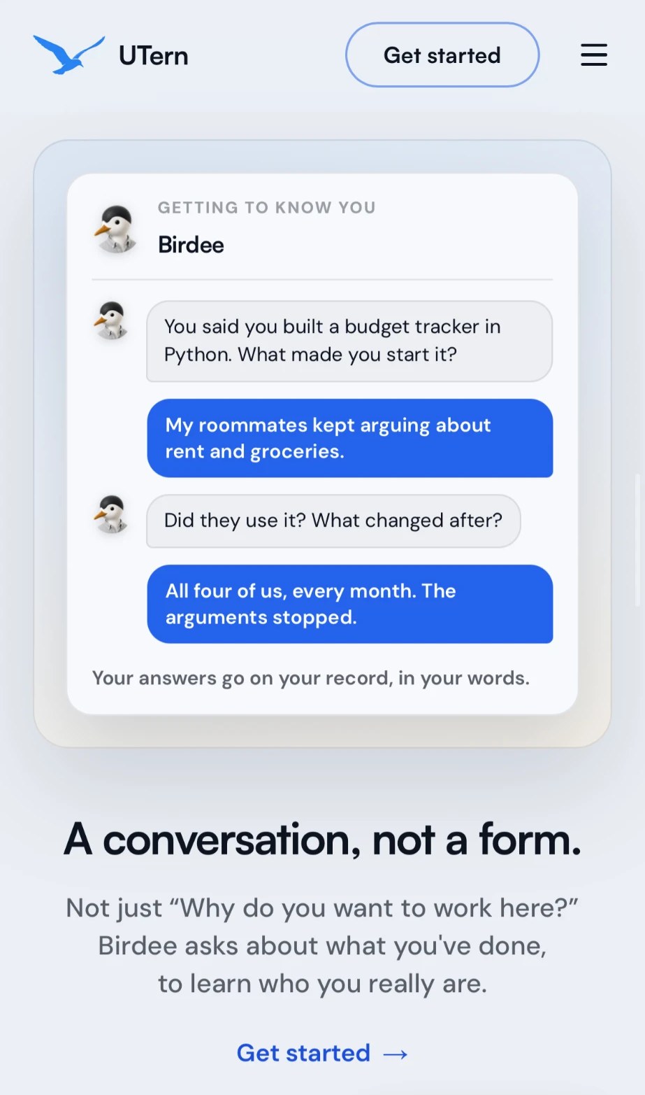 Birdee asks a student about a budget tracker they built: a conversation, not a form