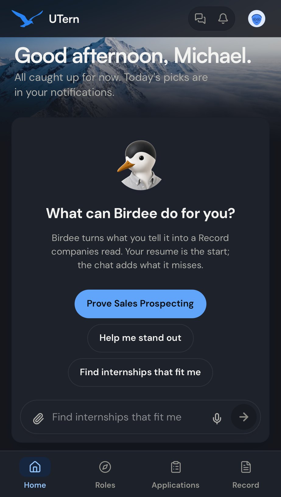 UTern Home: Good afternoon, Michael. What can Birdee do for you?